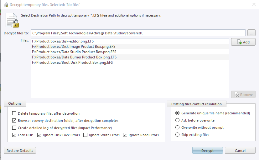 Selecting files to decrypt