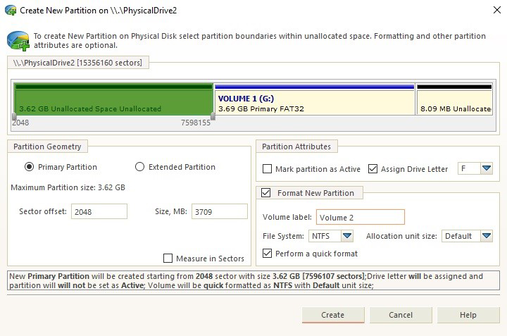 Create Partition options