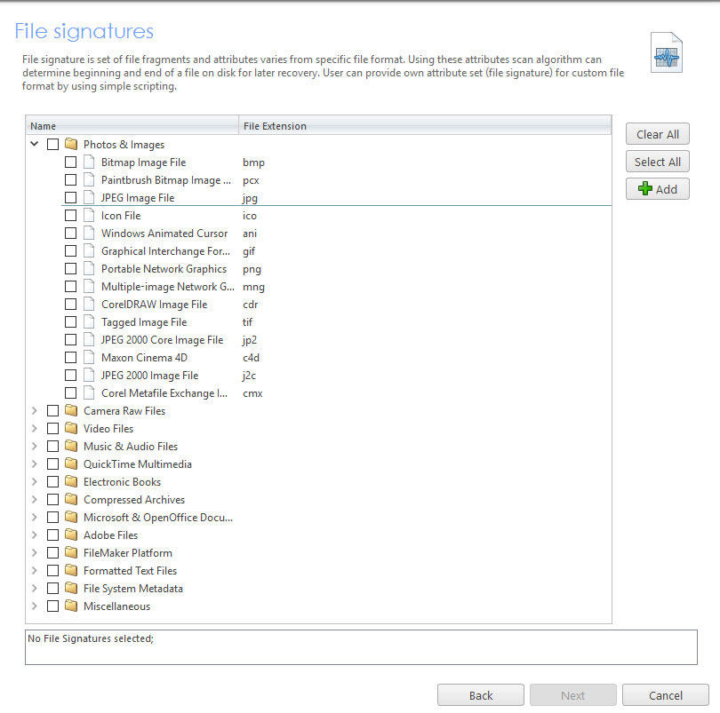 Undelete file signatures