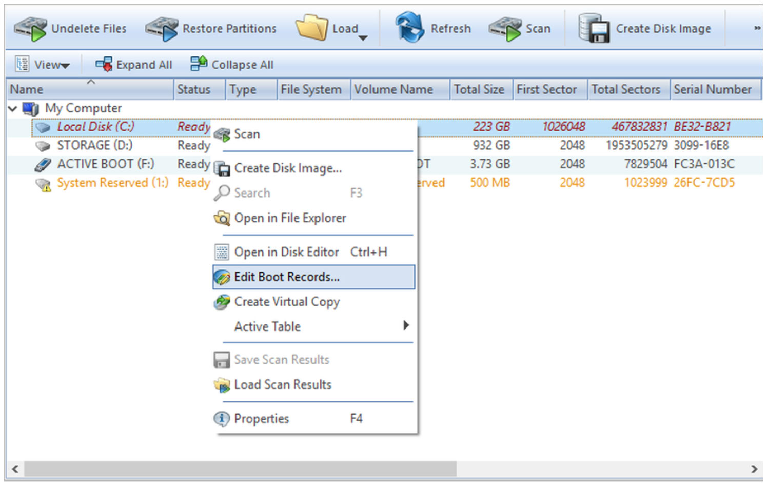 Edit Boot Records Active@ Boot Disk