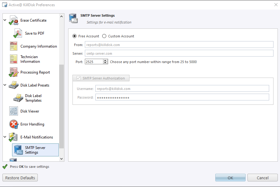 SMTP settings